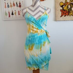 SBetro | Blue & Yellow Watercolor Tie-Dye Wrap Dress
